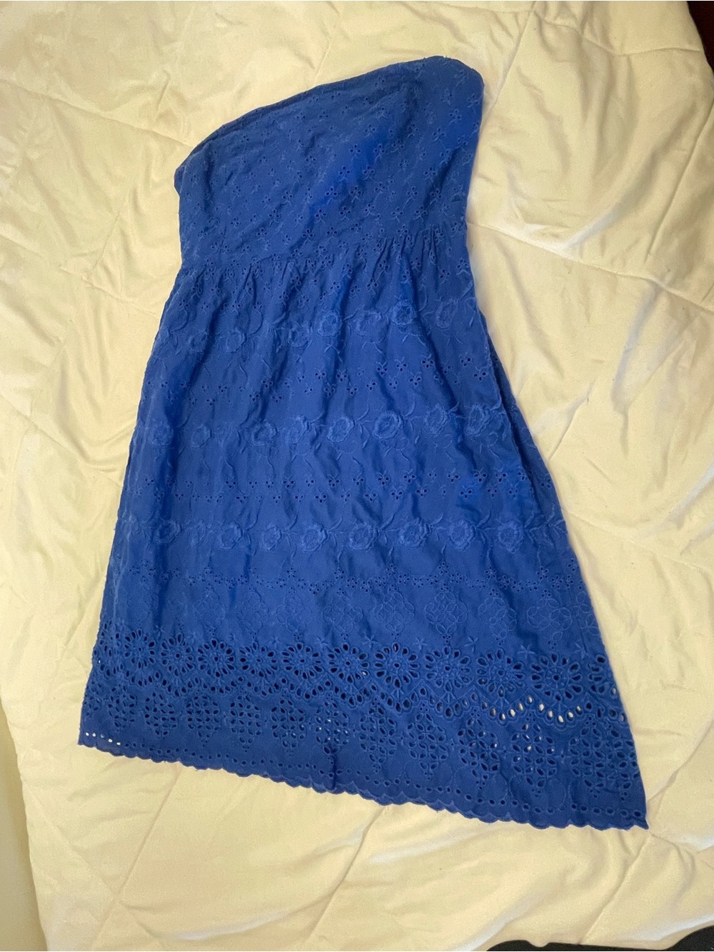 Old Navy Blue strapless dress with eyelet lace detailing and floral motifs